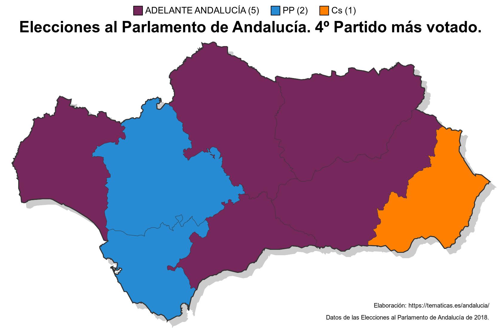 Cuarto partido más votado por provincias. Elecciones Andalucía 2 Diciembre 2018.