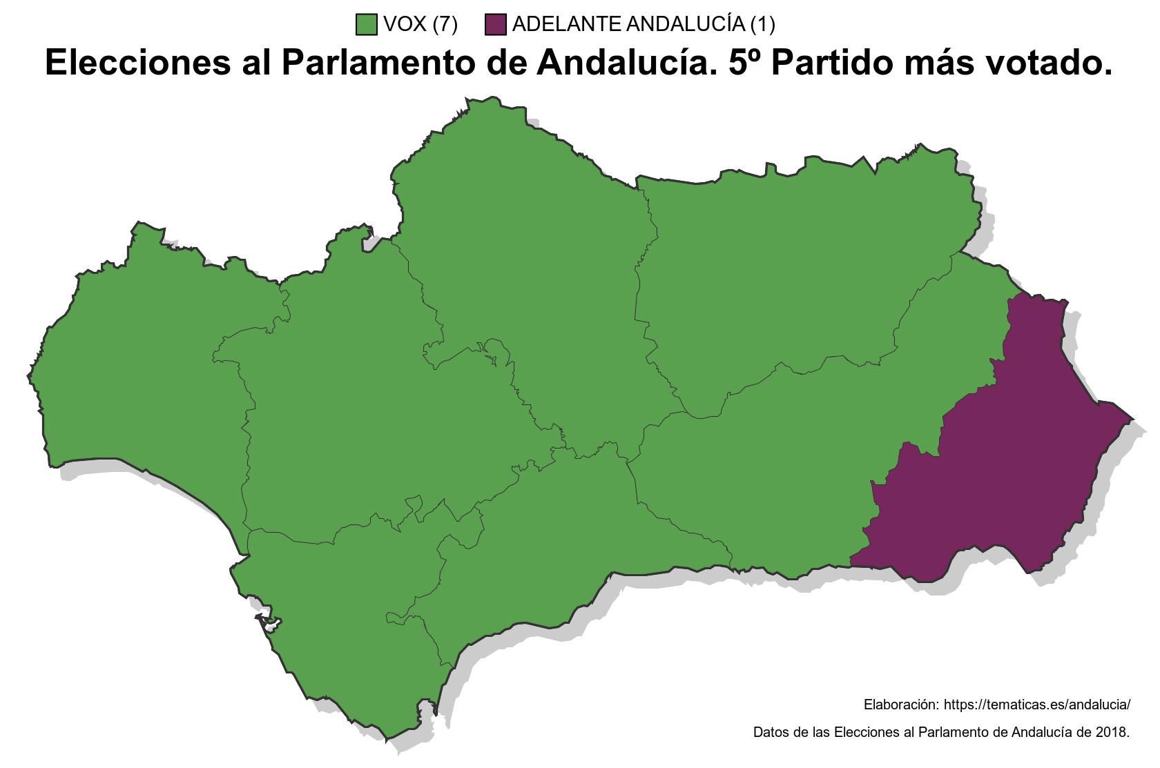 Quinto partido más votado por provincias. Elecciones Andalucía 2 Diciembre 2018.