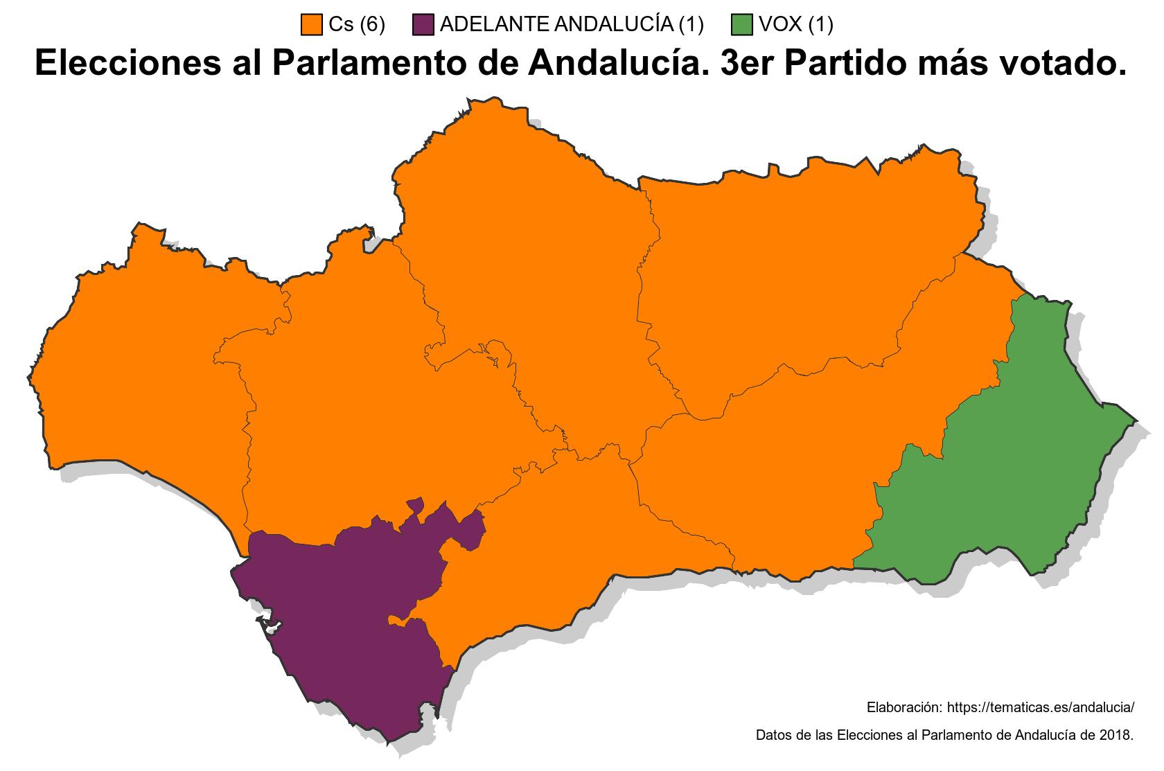 Tercer partido más votado por provincias. Elecciones Andalucía 2 Diciembre 2018.